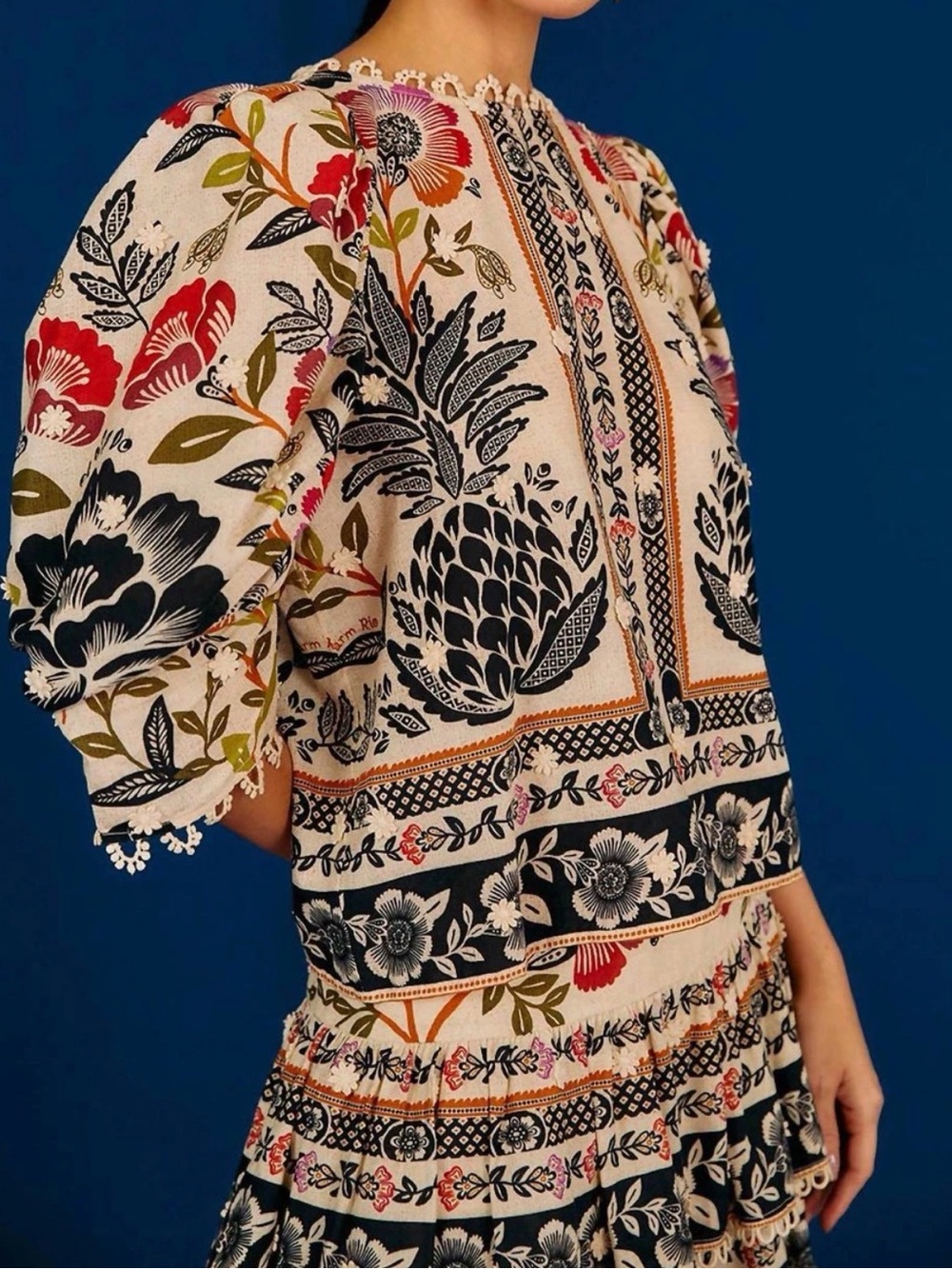 FARM RIO Romantic Garden Floral Puff-Sleeve Blouse + Skirt Set